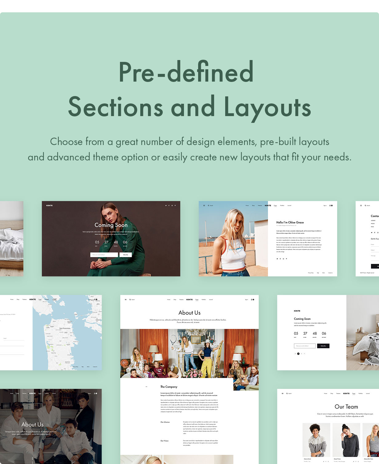 Konte WordPress theme with pre-defined sections and layouts
